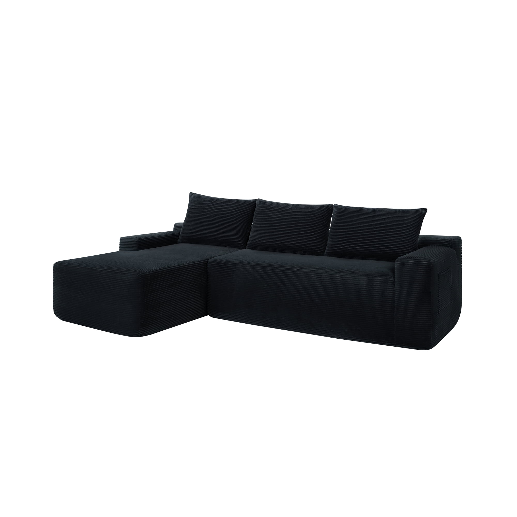 HOQBN 96.9" Boneless Modular Sectional Sofa with Chaise, L-Shaped Corduroy Cloud Sectional Couch with Deep Seat and Side Pockets, Upholstered 3 Seater Sofa Living Room, No Assembly, Black