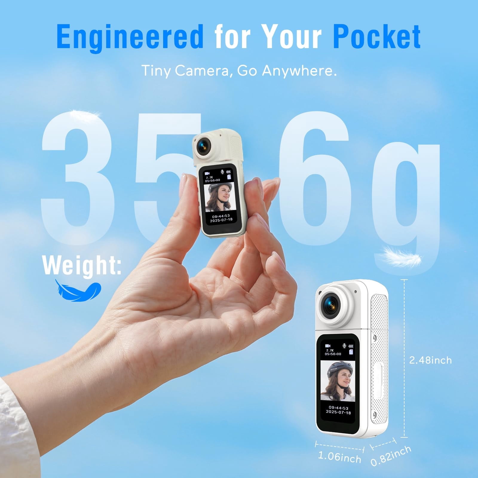 64G Mini Body Camera, Wearable Action Body Cam with 180° Rotating Lens Audio & Video- Thumb Hands Free Waterproof Recording Wearable Cameras - for Work Travel Pet Walk Swim(White)
