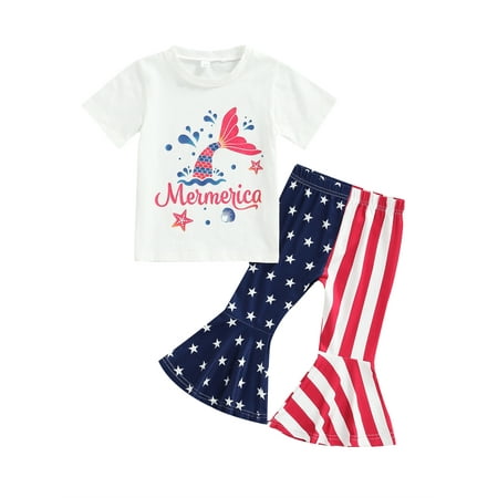

Toddler Baby Girl Indepedence Day Mermaid Letter Print Short Sleeve Patchwork Bell Bottom Outfits Pant Set