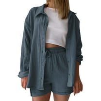 Fmbrln Womens Summer 2 Piece Sets Casual Turndown Collar Button Long Sleeve Shirts and Drawstring Elastic High Waist Shorts Sets Lounge Sets Dark Gray XL