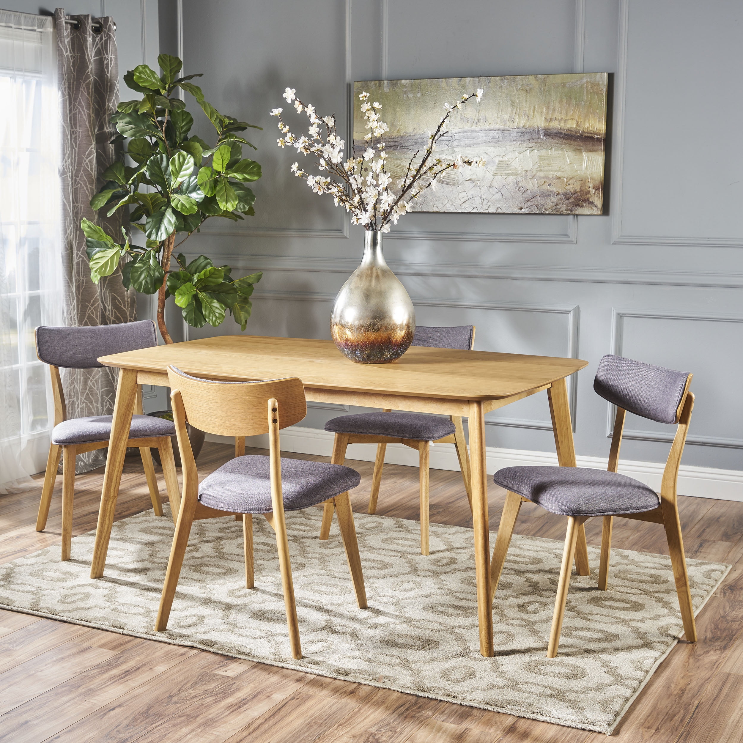 Noble House Lucca Mid-Century Modern Wood 5 Piece Dining Set, Natural