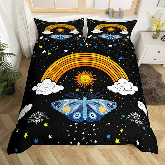 Rainbow Bedding Set King Size Boho Exotic Moth Duvet Cover Set for Kids Child,Bohemian Flowers Comforter Cover Galaxy Starry Sky Star Sun Clouds Bed Sets Rustic Animal Room Decor