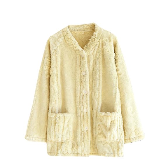 LOPECY-Sta Super Soft Pajamas for Women Winter Solid Color Fleece Long Sleeved Button V Neck Top Warm Ultra Comfy Lounge Furry Home Clothes