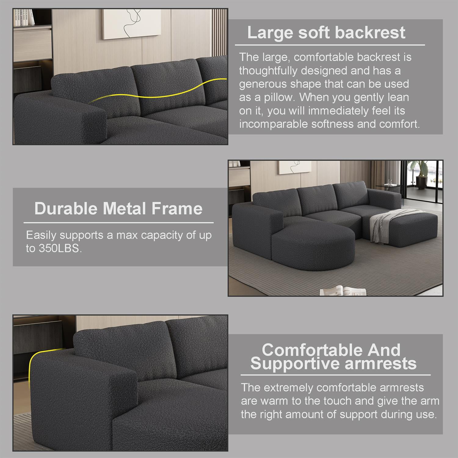 Demi Bonn 104" x 70" Modular Sectional Sofa Sleeper with Chaise and Ottoman, Convertible U-Shaped Couch Set for Relaxation & Guests, Gray