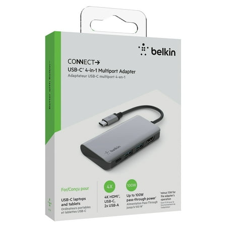 Belkin - USB C Hub 4-in-1 Multi-Port Laptop Dock with 4K HDMI, Docking Station with 100W Power Delivery - for Mac, PC, and More - Gray