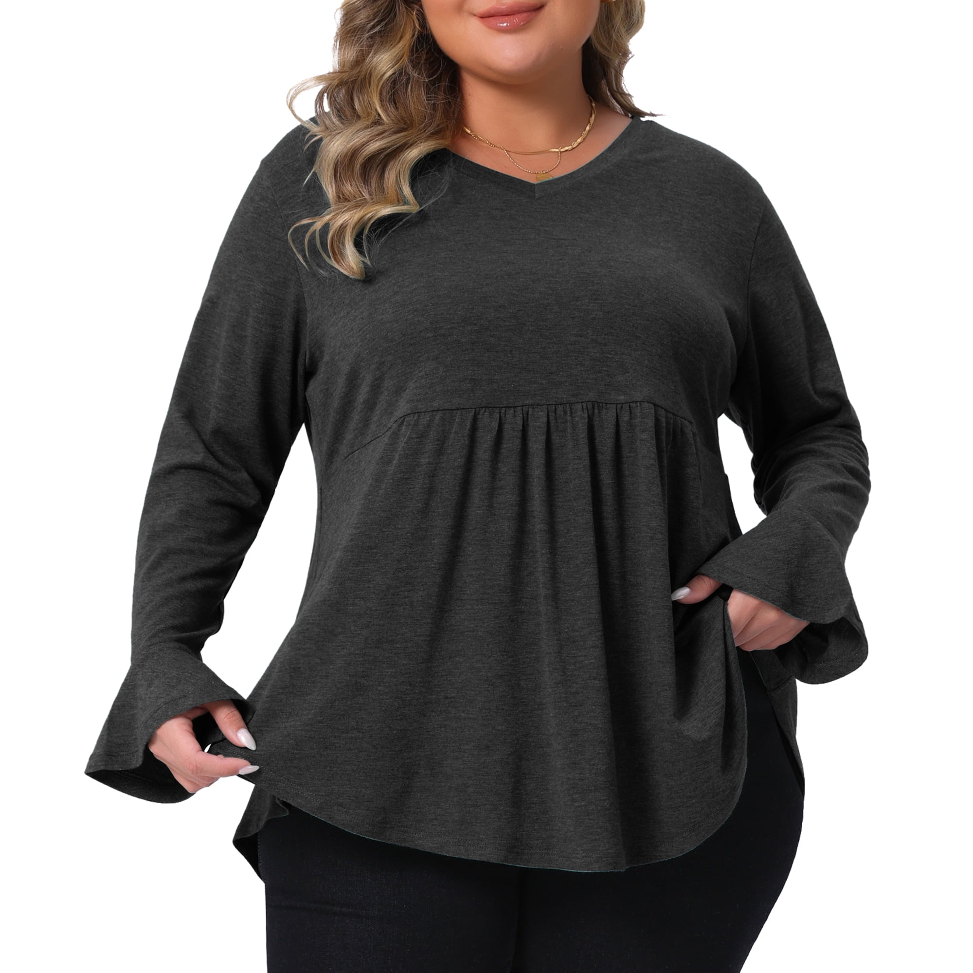 DARING DIVA Women's Plus Shirts Flared Sleeves Pullover Dressy Casual Peplum Tops 4X Black