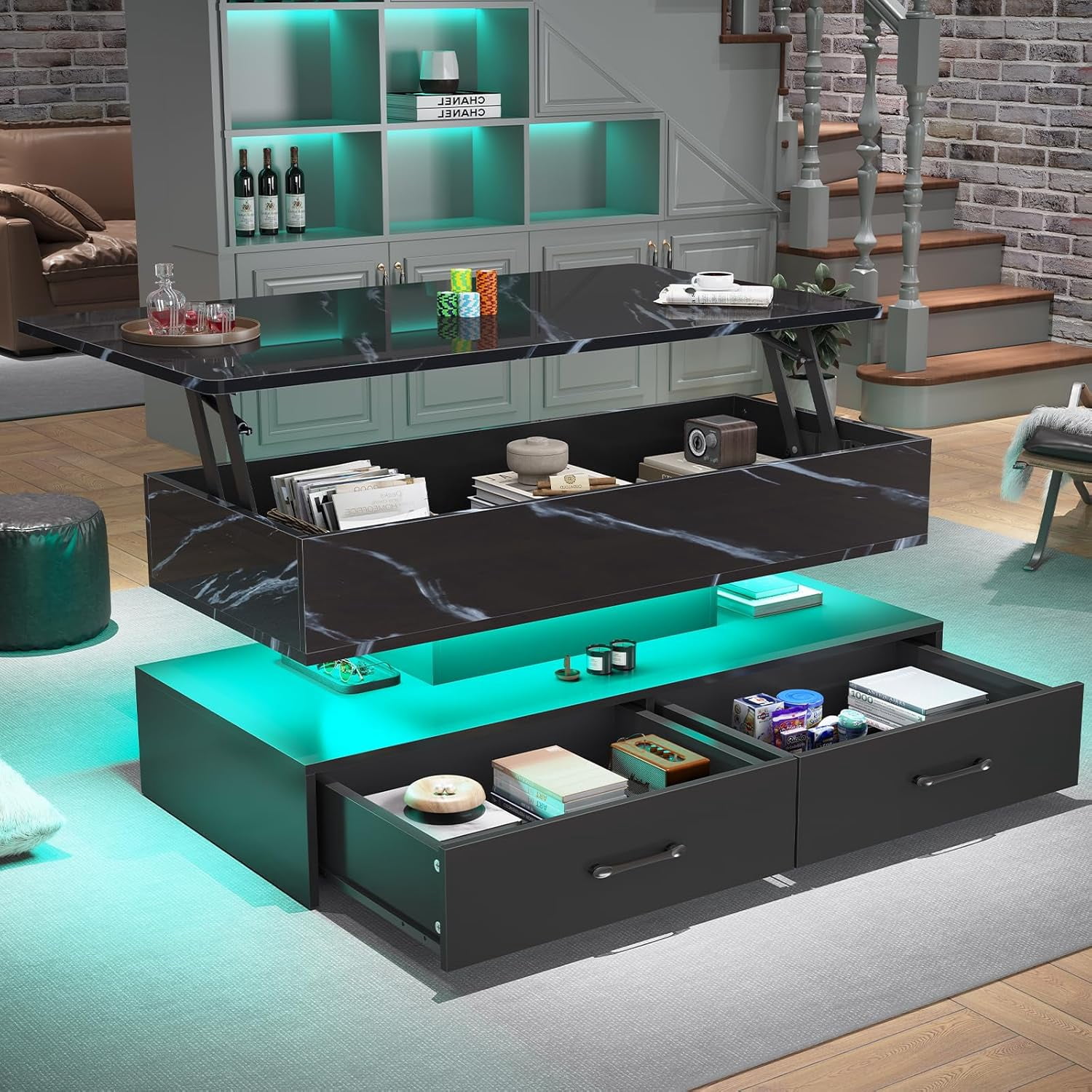40" Lift Top Coffee Table with Storage, Modern Coffee Table with LED Lights and 2 Drawers, Small Coffee Table for Living Room, Dining Reception Room, Black Marble
