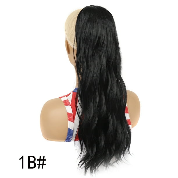 Zhuge Extensiones de cola de caballo largas, clip de cordón de 23,6 pulgadas en postizos ondulados y rizados, extensión de cola de caballo sintética para mujeres, negro azabache