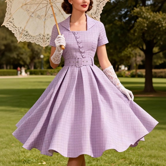 Mifsaly Vintage Dress for Women 1950S Square Neck Short Sleeve A Line Plaid Dresses Belted Elegant Wedding Guest Cocktail Party Gowns M