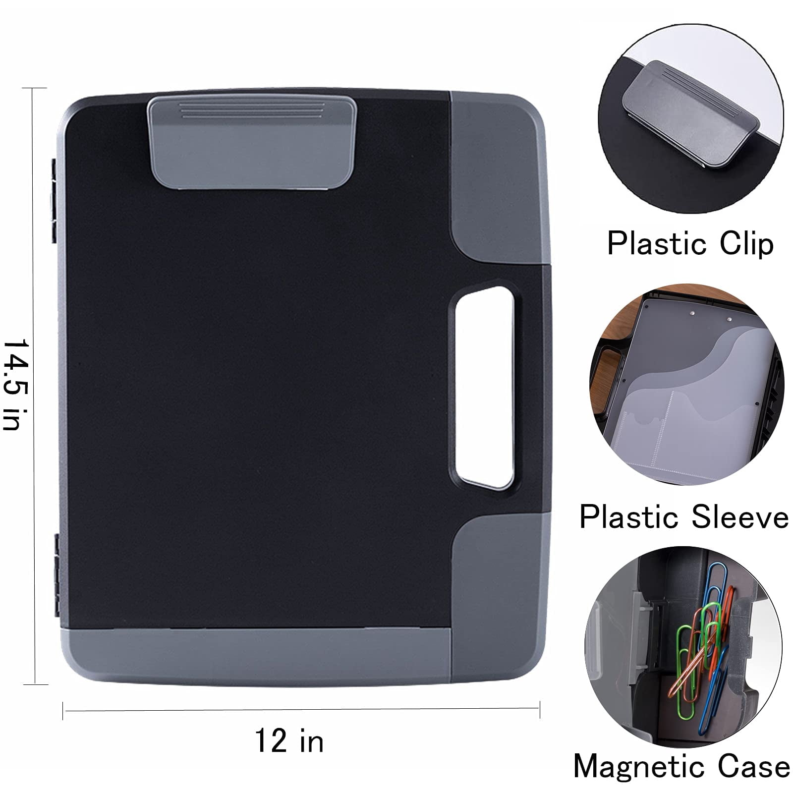Portable Clipboard Folder With Storage  Plastic Case Side-opening Heavy Duty A4 Size Writing For Office 14.5"x12"x 1.75" Black