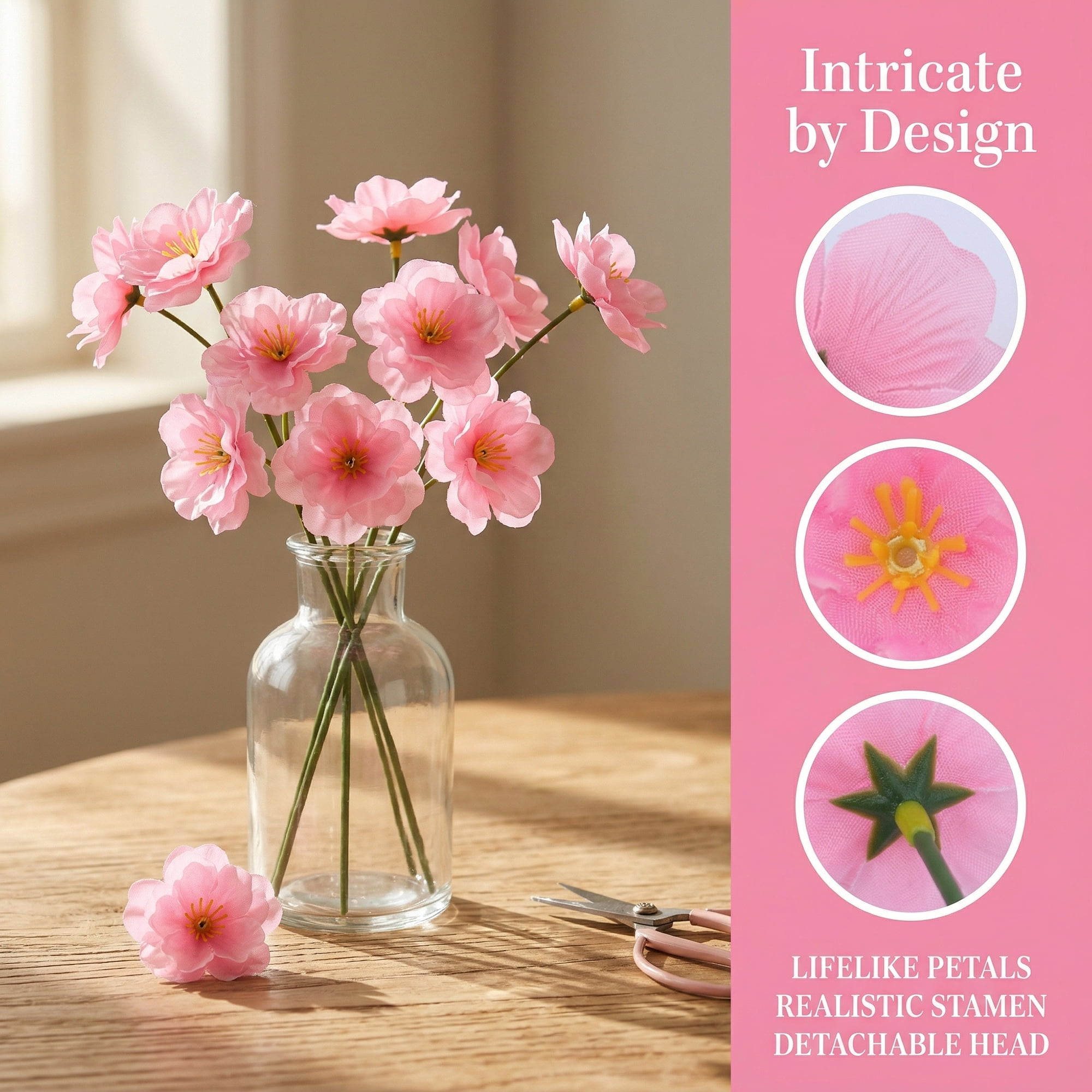 Unique Bargains Artificial Roses Silk Detachable Head Flowers for Decor Pink 5.9 in
