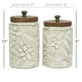thumbnail image 3 of DecMode 9", 11"H White Ceramic Floral Handmade Intricately Carved Decorative Jars with Wood Lids, 2-Pieces, 3 of 8