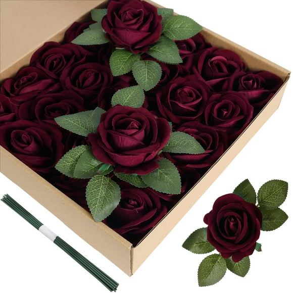 Flores artificiales ICBOX, rosas de terciopelo burdeos, 25 unidades con tallo