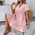 thumbnail image 4 of Xdegoge Women's Linen V Neck Ruffle Mini Dresses Short Sleeve Babydoll Tiered Flowy Dress Casual Summer Beach Vacation Loose Fit Cute Breathable Sundress, 4 of 9