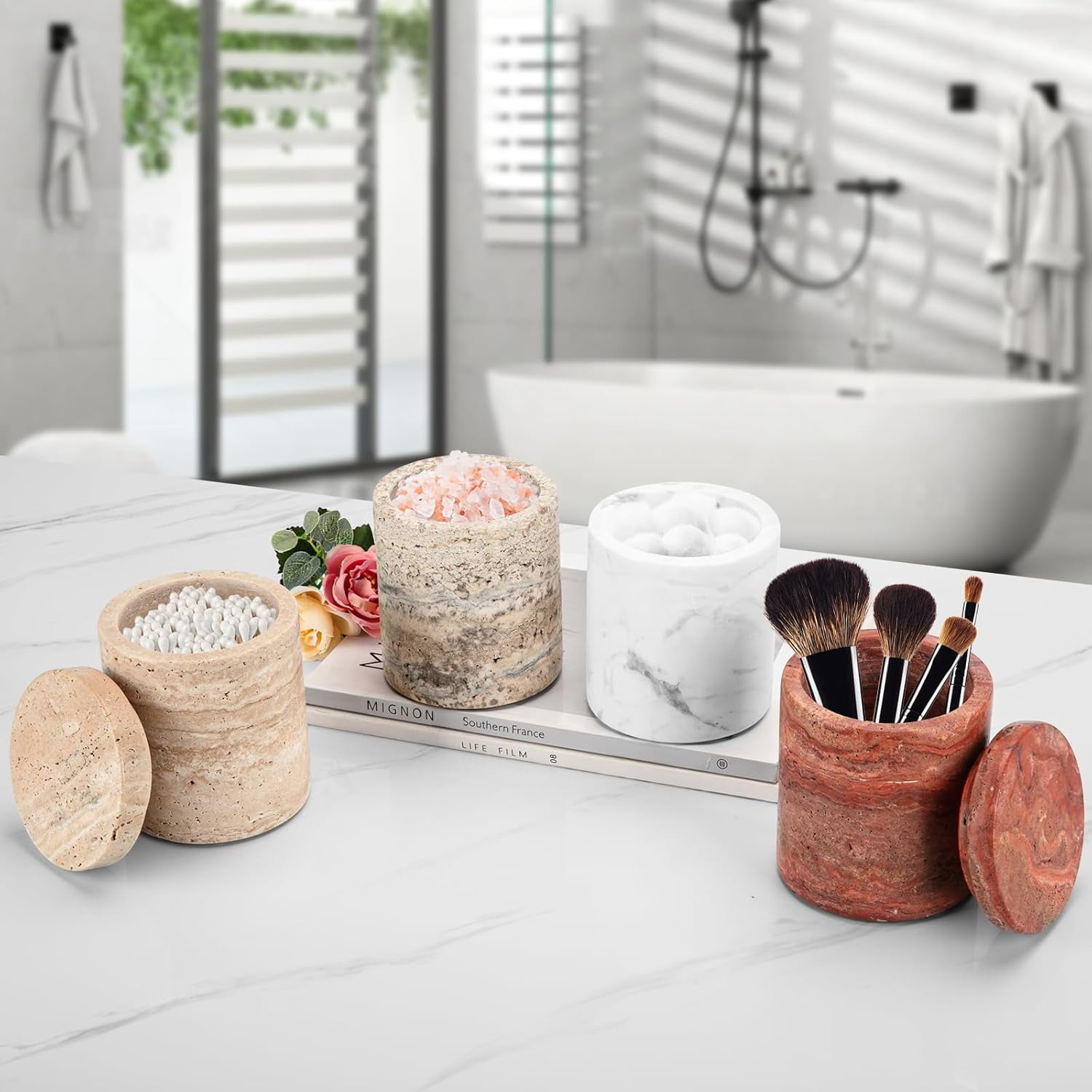Natural Marble Canister, Cotton Swab Holder with Lid, Marble Toothbrush Holder Qtip Holder Storage for Cotton Swab, Floss Picks, Makeup Pad, Bath Salt, Beige