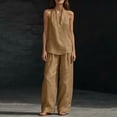 thumbnail image 4 of Womens Cotton Linen 2 Piece Sets Sleeveless V Neck Halter Top Matching Baggy Wide Leg Pants Outfit Solid Color Outfits 2026 Boho Casual Summer Travel Vacation Trendy Outfits Tracksuit,Light Brown L, 4 of 5