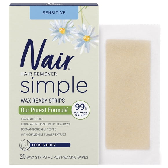 Nair Simple Hair Removal Wax Strips for Legs and Body, with Chamomile Extract, Made for Sensitive Skin, 20 Strips + 2 Post Waxing Wipes