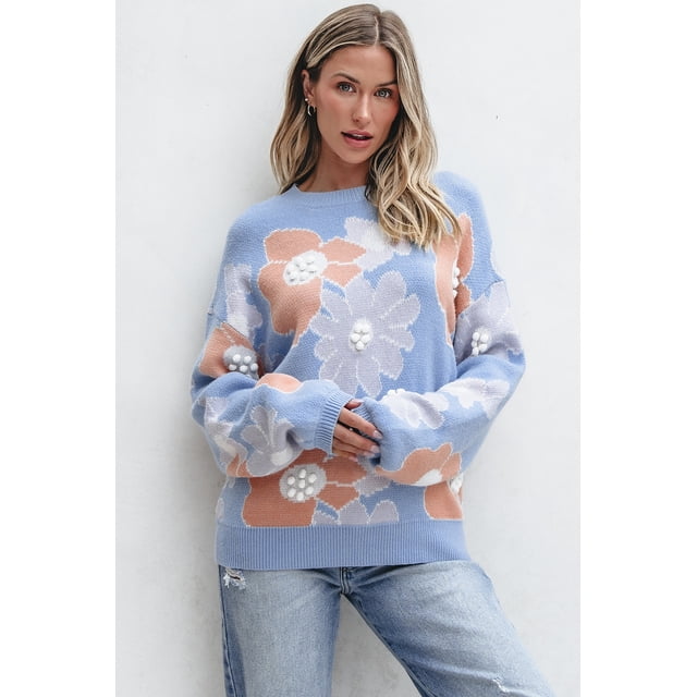a.Jesdani Chic Floral O-Neck Sweater, Drop Shoulder, All-Day Comfort!