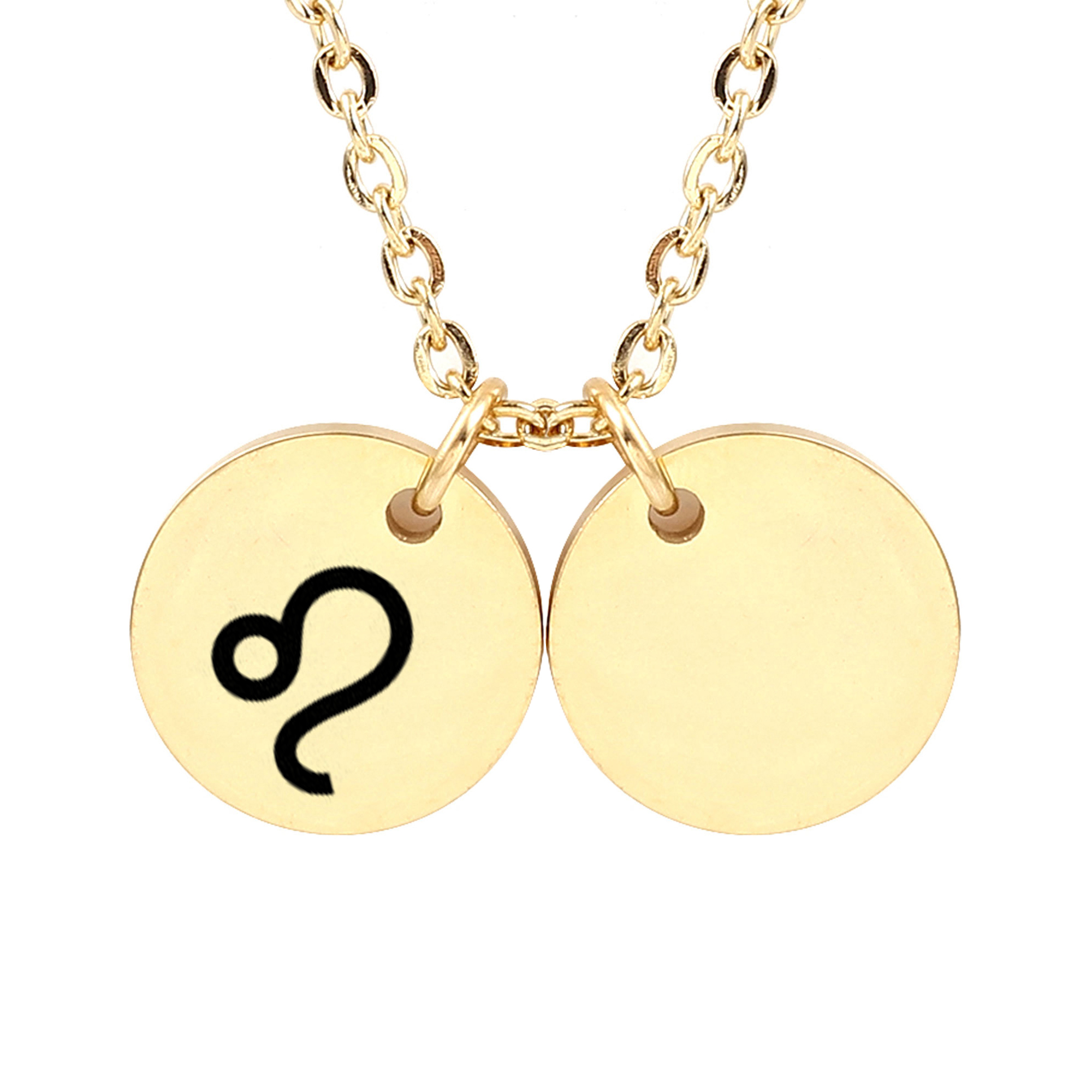 Personalized Round Constellation Initial Necklace - Engraved Zodiac Symbol Jewelry - Christmas Gift for Her - Stainless Steel - 18" Chain - Gold Leo