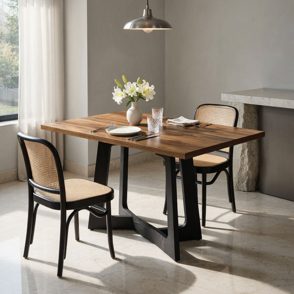Hommoo 47 Inch Farmhouse Dining Table for Small Spaces, Sturdy Pedestal Kitchen Table for 2 to 4 People, Wood Grain & Black Metal Industrial Design, Brown