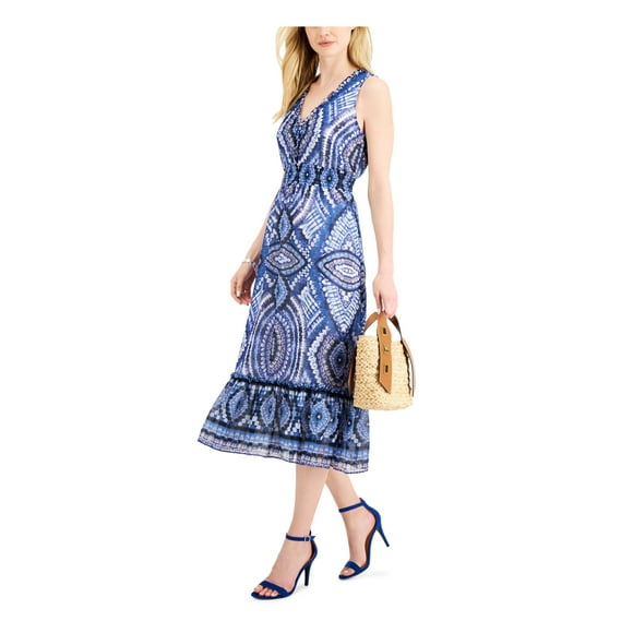 TAYLOR Womens Blue Ruffled Smocked Tiered Hem Printed Sleeveless V Neck Midi Evening Fit + Flare Dress 2