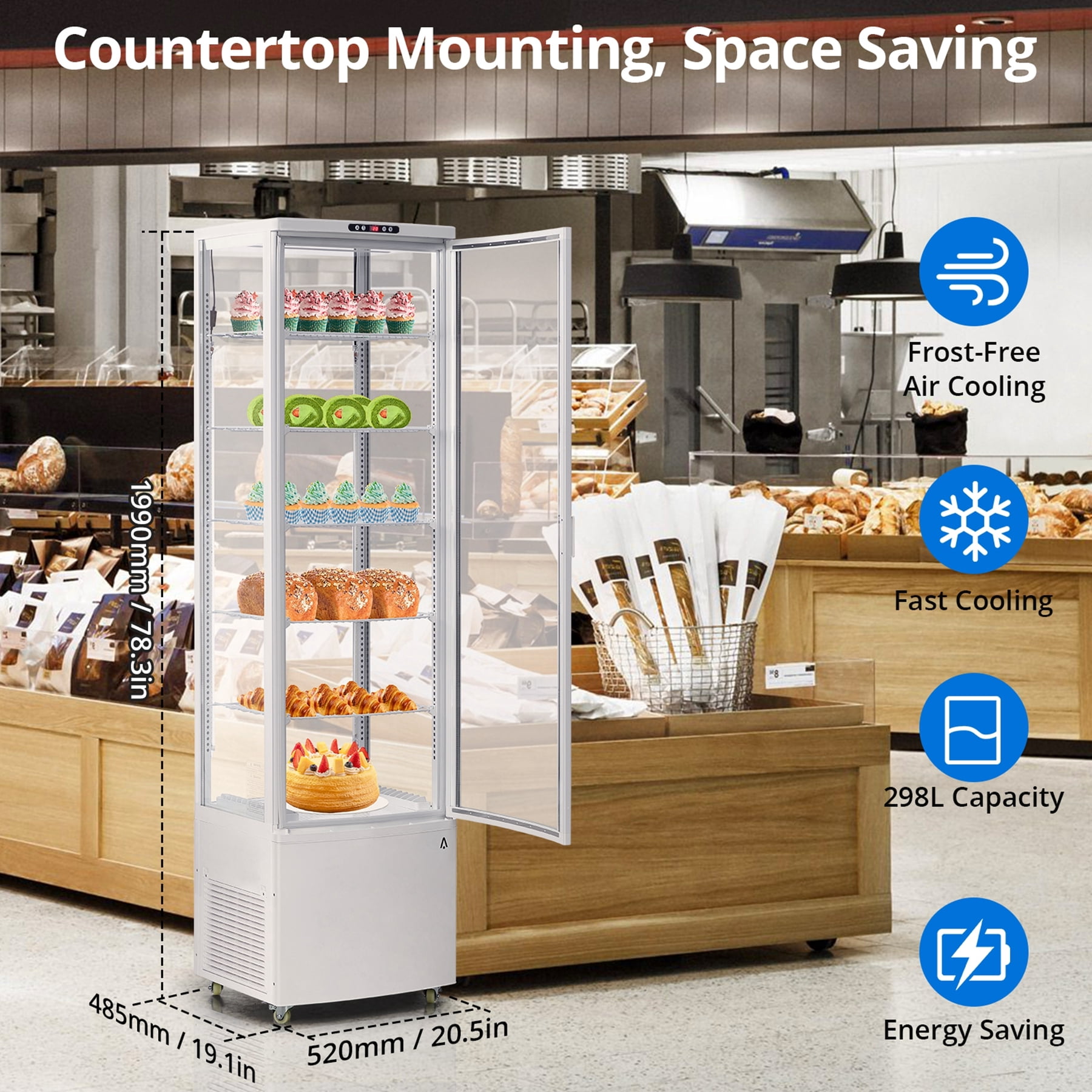 6-Tier Upright Commercial Refrigerator Display Case with Universal wheel,10.52 Cu.FT Single-Door Countertop Pastry Display Case with Interior LED Lighting,Double-Layered Glass