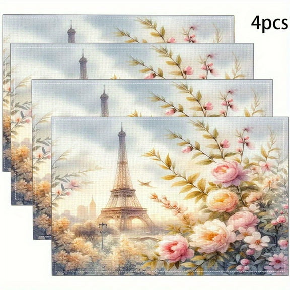4pcs Paris Eiffel Tower and Floral Design Woven Table Mats Durable Washable Rustic Linen Vintage Placemats for Home Dinner Party Camping Wedding Table Decoration 12 x 18 inches