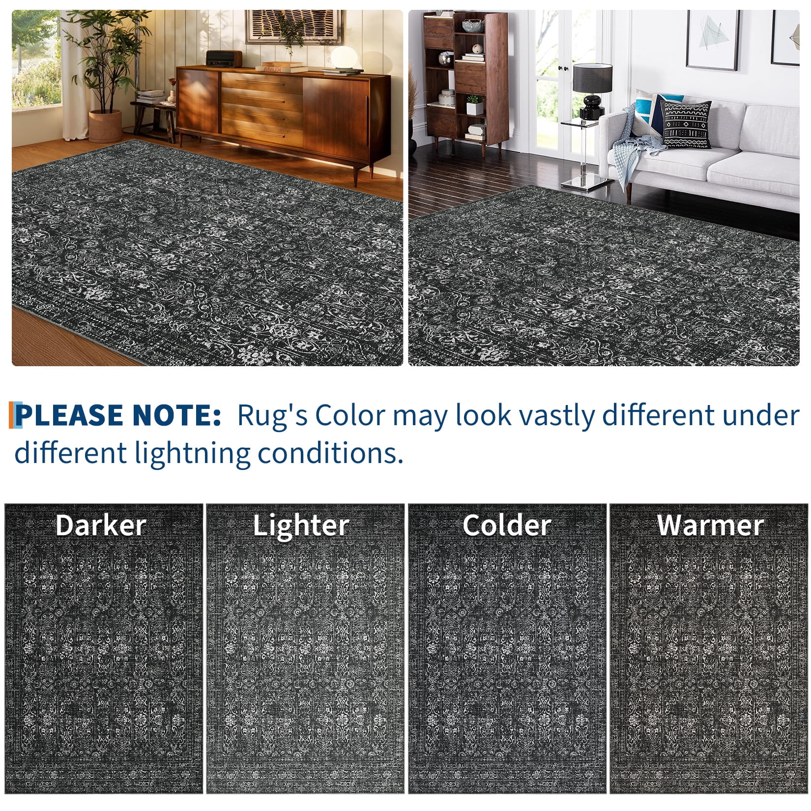 HOMERRY Indoor Rug 8' x 10' Area Rug for Living Room Vintage Floral Washable Bedroom Non-Slip Carpet for Home Decor, Black