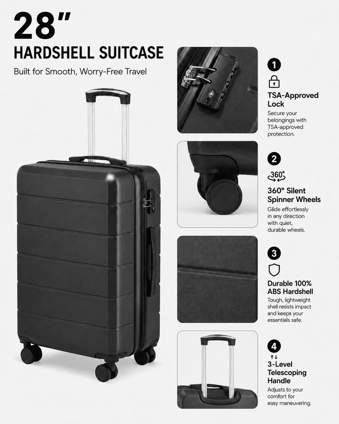 28" Checked Large Expandable Luggage,Hardside Spinner Suitcase with TSA Lock,Black - EX-Lite