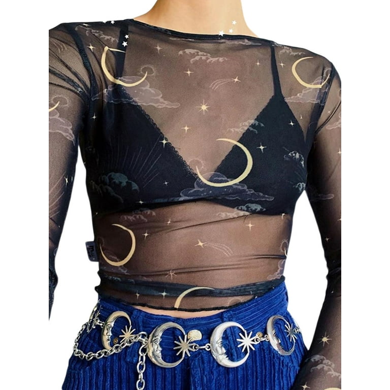 Women Mesh Sheer Tops Long Sleeve Sun Moon Print See Through Crop