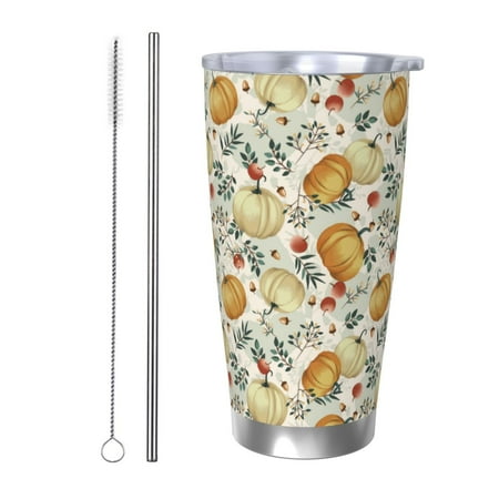 

Qekee Autumn Pumpkins Leaves Print 20OZ Car Cup Stainless Steel Vacuum Insulated Tumbler Tumbler Cup With Lid And Straw Travel Coffee Mug-Straw Two-piece Set