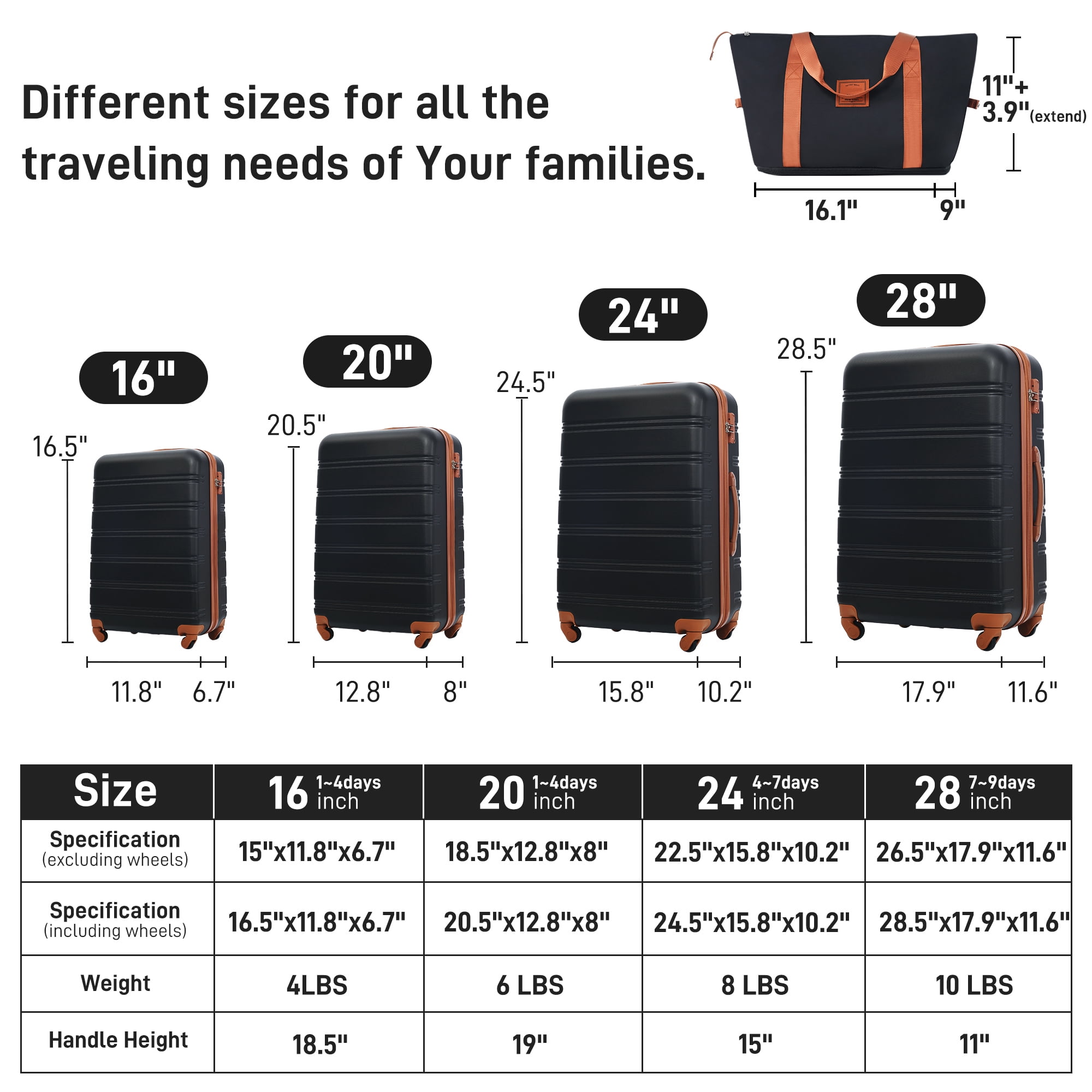 EUROCO 13-Piece  Luggage Set,Lightweight  ABS Hard Suitcases  with Spinner Wheels and TSA Lock,Durable Waterproof Travel Luggage (16"/20"/24"/28"),Black+Brown
