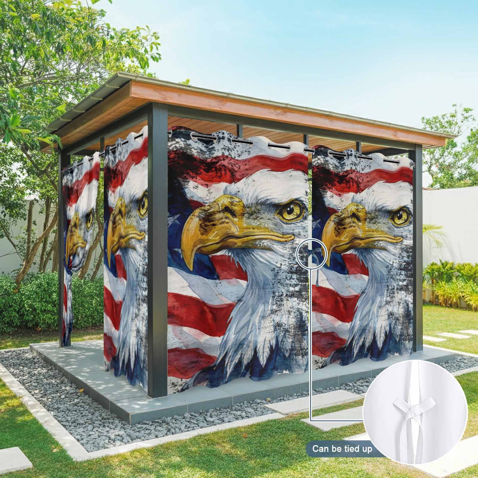 Independence Day Outdoor Curtains for Patio, Vintage American Flag Star Spangled Eagle Art Country Sunshade Privacy Drapes Grommet Waterproof Outside Curtains for Porch Balcony 54"x108", 1 Panel