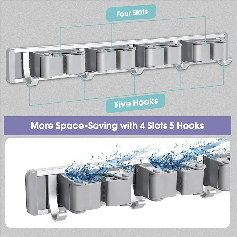 (2-Pack) Mop & Broom Holder Wall Mounted Metal Tool Storage Organizer Rack,  Silver, 4 Slots & 5 Hooks