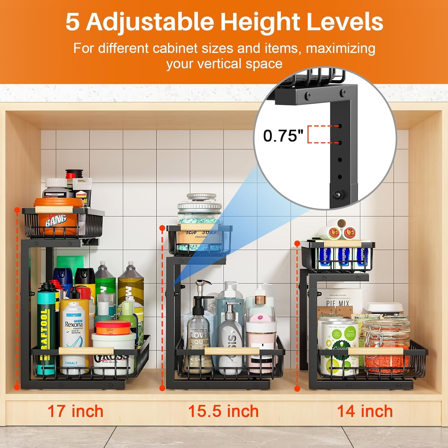 Under Sink Organizer, 2 Pack Height Adjustable Organizers and Storage, Tier Pull Out Drawer Cabinet Storage for Kitchen Bathroom