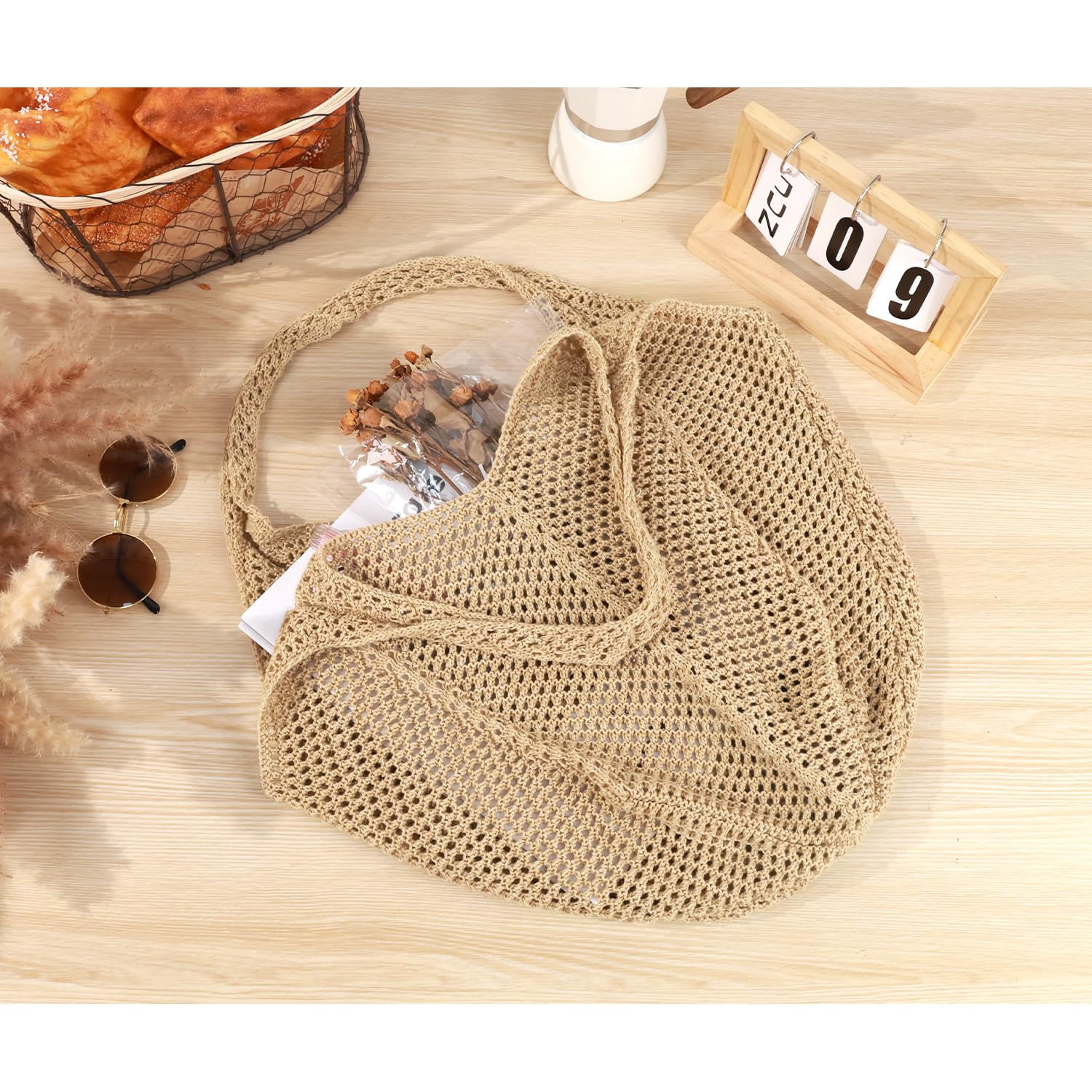 Crochet Tote Bag Beach Bags for Women Summer Bag Cute Beach Bag Mesh Beach Bag(khaki 3)