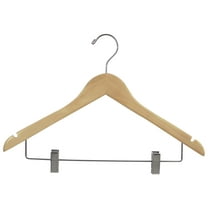 Wood Combo Hanger w/ Cushion Clips, Box of 50 Space Saving 17 Inch Flat Wooden Hangers w/ Natural Finish & Chrome Swivel Hook & Notches for Shirt Jacket or Dress by International Hanger