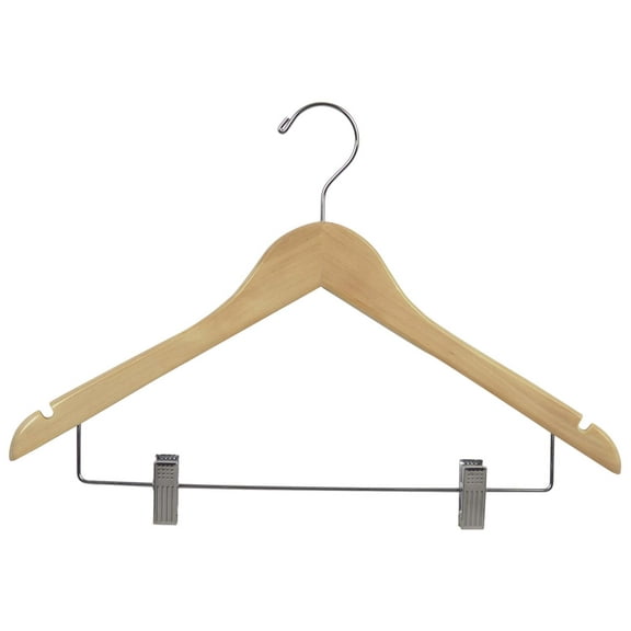 Wood Combo Hanger w/ Cushion Clips, Box of 50 Space Saving 17 Inch Flat Wooden Hangers w/ Natural Finish & Chrome Swivel Hook & Notches for Shirt Jacket or Dress by International Hanger