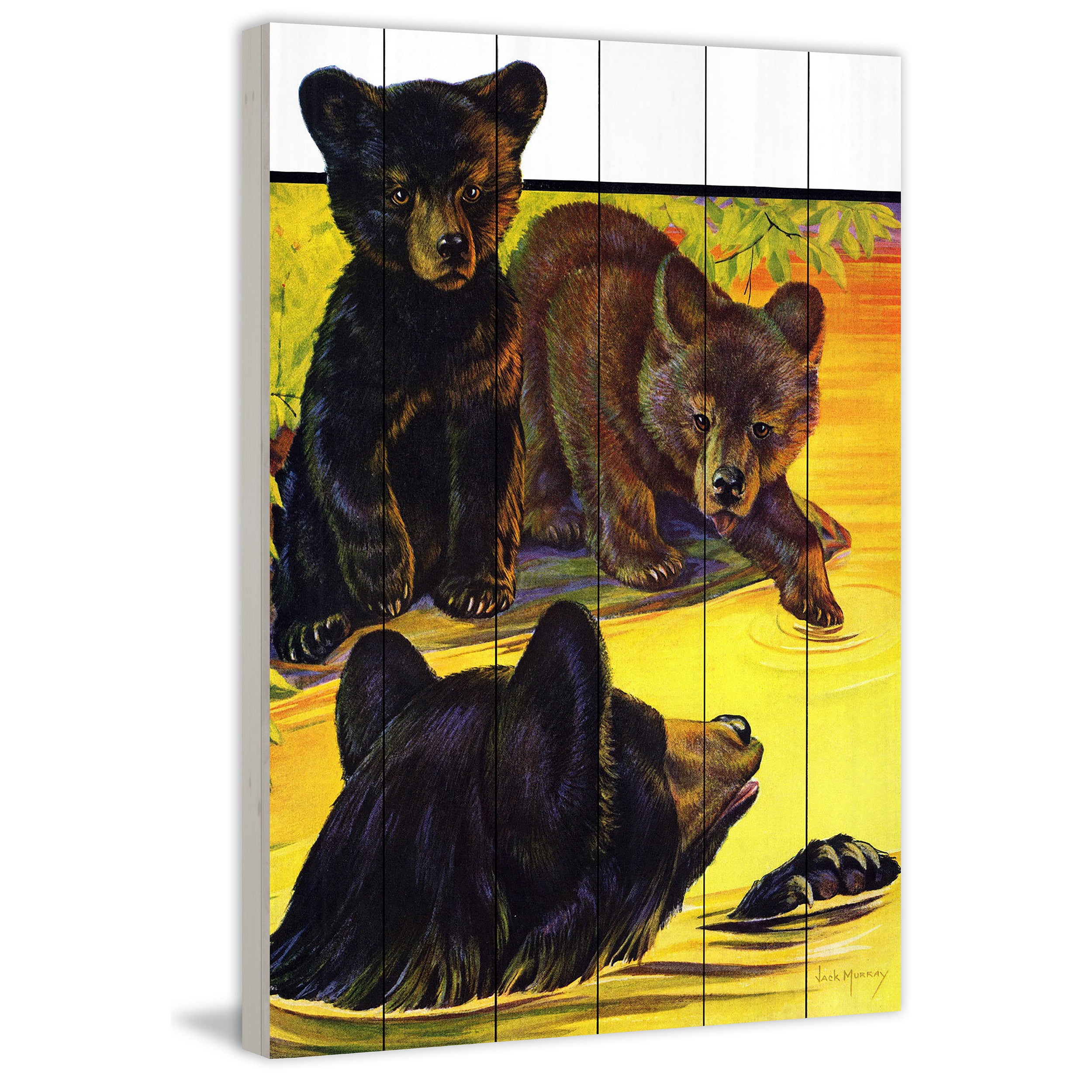 Marmont Hill "Bears In River" Painting Art Print On White Wood, 24.0" x 1.5"
