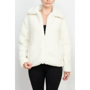 Catherine Malandrino collared V-neck long sleeve zipper front faux fur jacket-POLAR BEAR / L