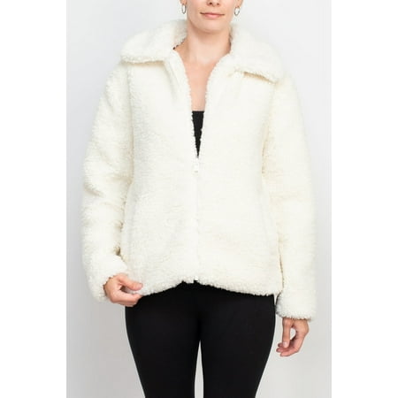 Catherine Malandrino collared V-neck long sleeve zipper front faux fur jacket-POLAR BEAR / S