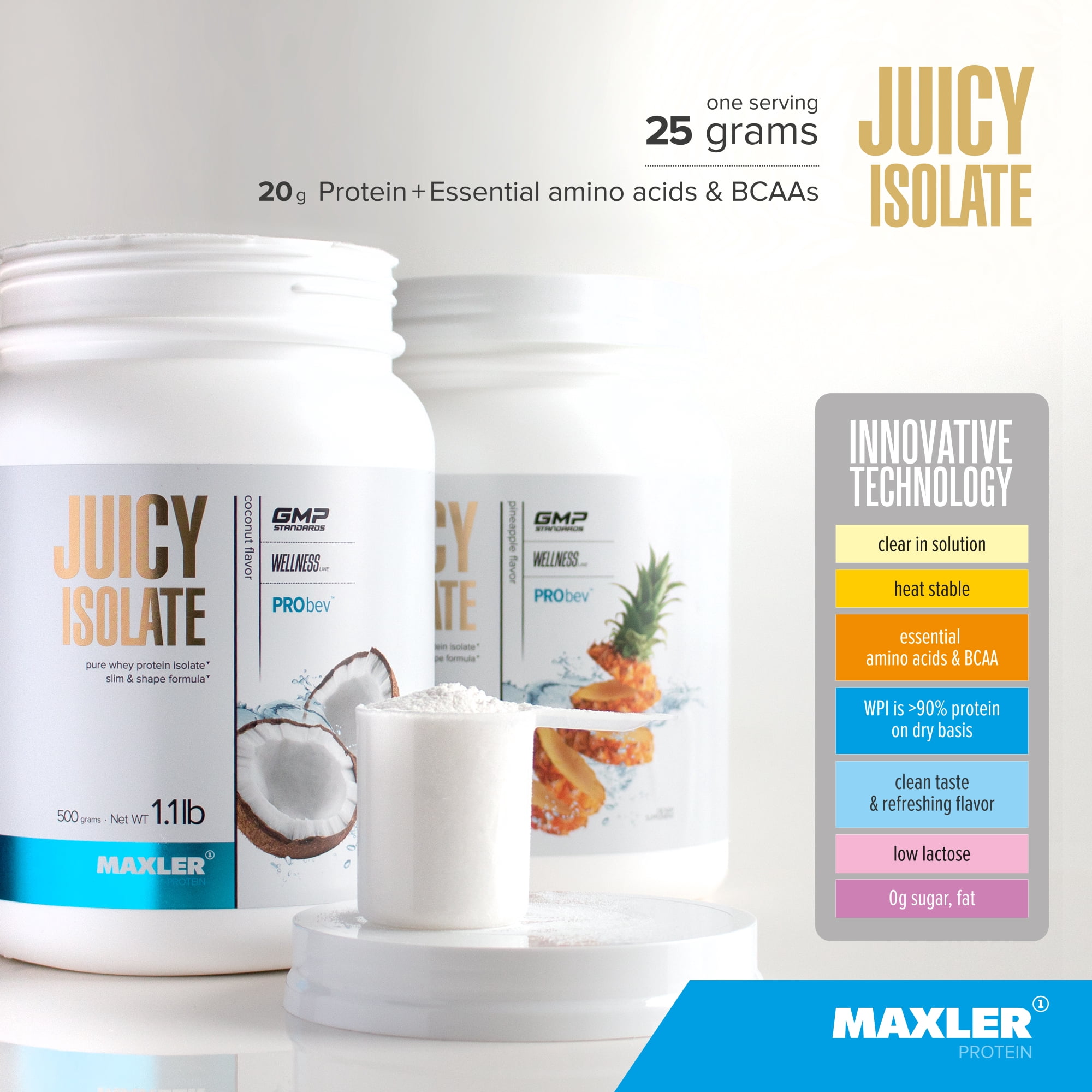Maxler Juicy Isolate Protein Powder - Clear Whey Isolate - Coconut 1.1lb (20 Servings)