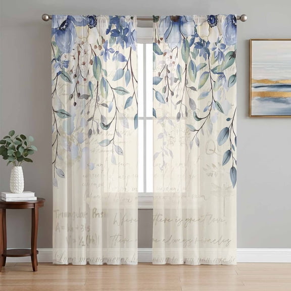 Sheer Curtains 72 Inches Long, Blue Flower Light Filtering Window Curtains for Living Room, Farmhouse Eucalyptus Retro Country Plant Rod Pocket Voile Sheer Curtain Drapes, 52"W x 72"L, 2 Panels