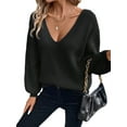 thumbnail image 2 of Women Off the Shoulder V Neck Sweater Top Fitted Long Sleeve Shirt Tie Back Sweater Black XL, 2 of 8