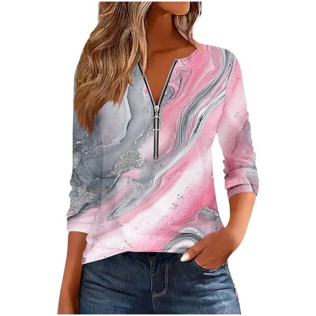 Hauts pour Femmes Mode T-Shirt Décontracté Imprimé Col Rond Manches Longues Blouse à Fermeture Éclair Rose E m