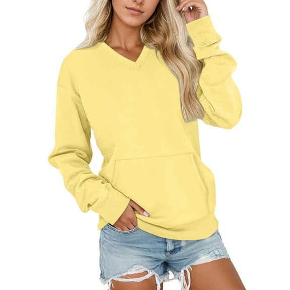 Bibifish Womens Sweatshirts V Neck Solid Pullover Sweatshirts Soft Long Sleeve Casual Tops Daily Wear And Sports Comft Oversized Tops With Pocket