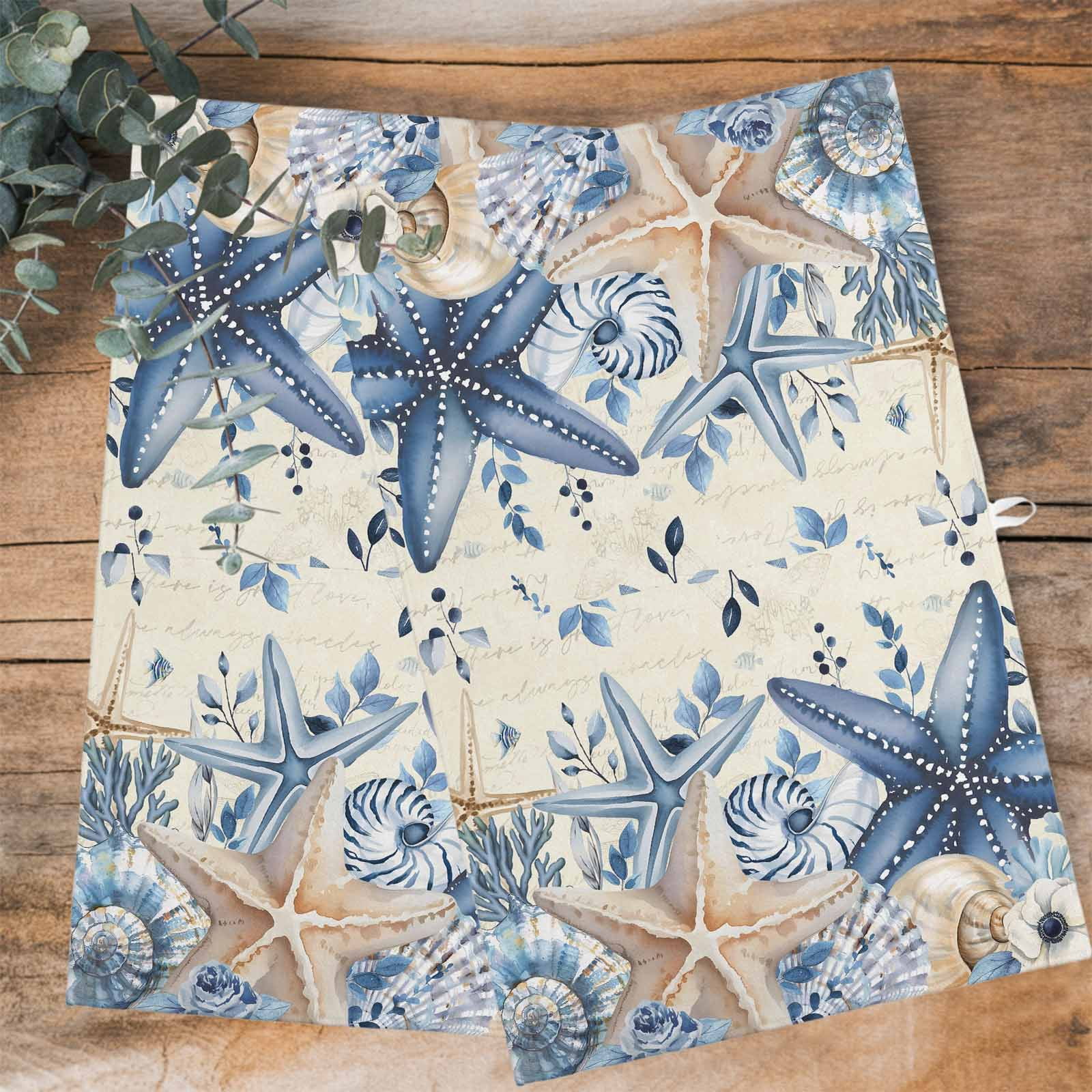 Blue Starfish Coastal 1 Pack Kitchen Towel, Water Absorbent Dish Towel, Eucalyptus Summer Nautical Shell Retro Decorative Hand Towels - Quick Drying Cloth for Cooking Baking, 18x28 Inch