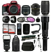 Nikon D5500 Red DSLR Digital Camera + 18-55mm VR II + 6.5mm Fisheye + 55-300mm VR + 650-2600mm Lens + Filters + 128GB Memory + Action Stabilizer + i-TTL Autofocus Flash + Backpack + Case + 70" Tripod
