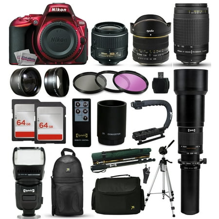 Nikon D5500 Red DSLR Digital Camera + 18-55mm VR II + 6.5mm Fisheye + 55-300mm VR + 650-2600mm Lens + Filters + 128GB Memory + Action Stabilizer + i-TTL Autofocus Flash + Backpack + Case + 70" Tripod