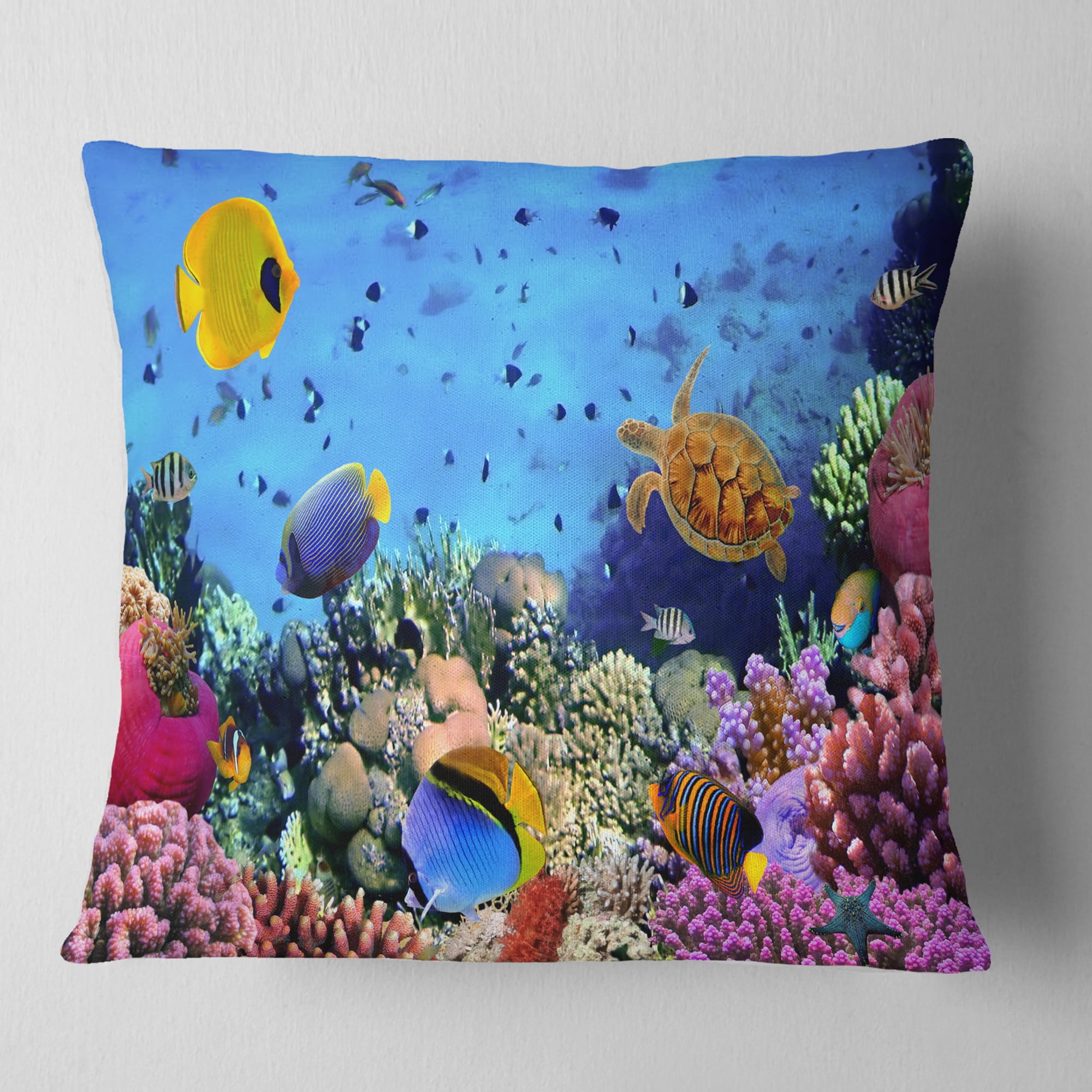 Designart Coral Colony and Coral Fishes - Seascape Throw Pillow - 18x18